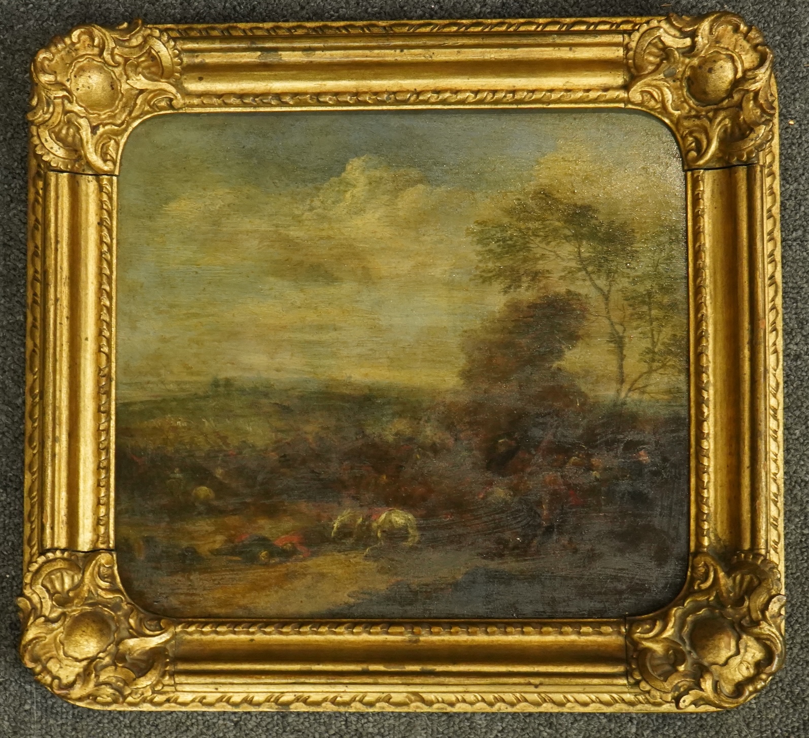 Attributed to Karel Breydel (Flemish, 1678-1733), Battle scene, oil on wooden panel, 24.5 x 27.5cm